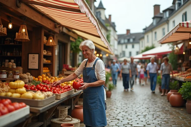Étal de marché en plein air à Fort Mahon avec une marchande proposant légumes frais et produits locaux dans une ambiance côtière normande