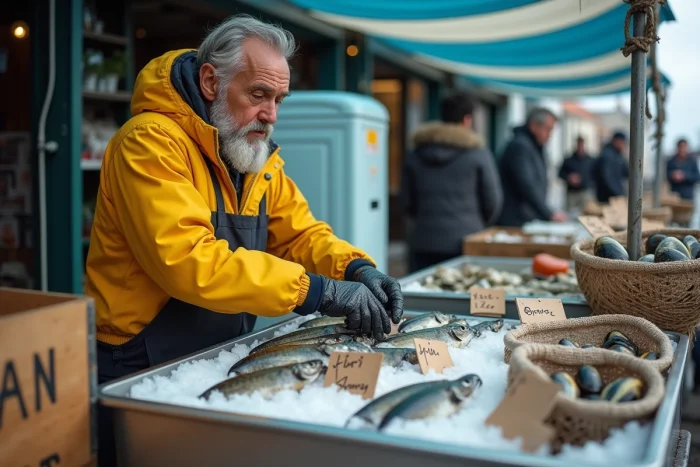 Poissonnier à son étal de marché de Fort Mahon présentant poissons frais, huîtres et moules sur lit de glace