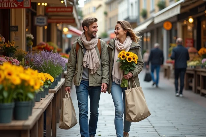 Couple de visiteurs se promenant au marché de Fort Mahon avec des sacs de courses, découvrant un étal de fleurs et plantes locales