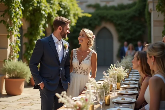 Mariés souriant lors d'une réception de mariage en plein air dans une cour en pierre rustique décorée de fleurs sauvages