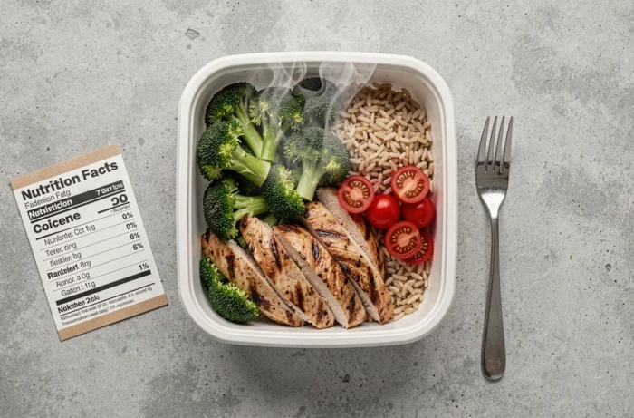 Boîte de meal prep contenant du brocoli vapeur, du poulet grillé et du riz complet, repas équilibré riche en protéines pour une alimentation saine
