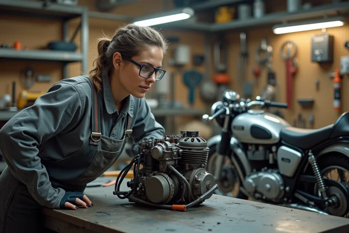 Mécanicienne spécialisée inspectant un moteur de moto Frison dans un atelier professionnel équipé