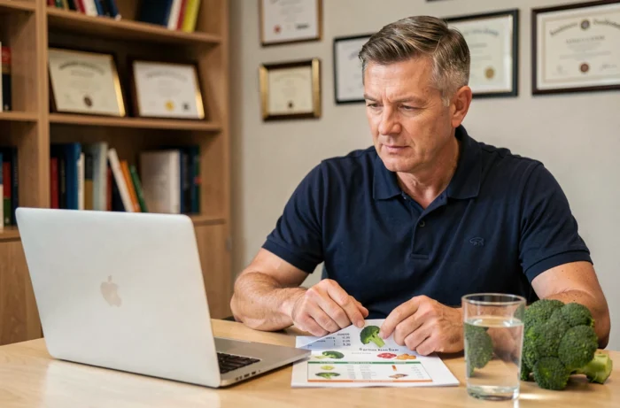 Nutritionniste expliquant les bienfaits du brocoli et sa teneur en protéines lors d'une consultation diététique avec un tableau nutritionnel
