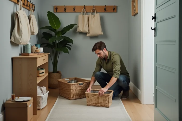 Homme organisant des paniers en osier et des boîtes de rangement dans une entrée de maison épurée