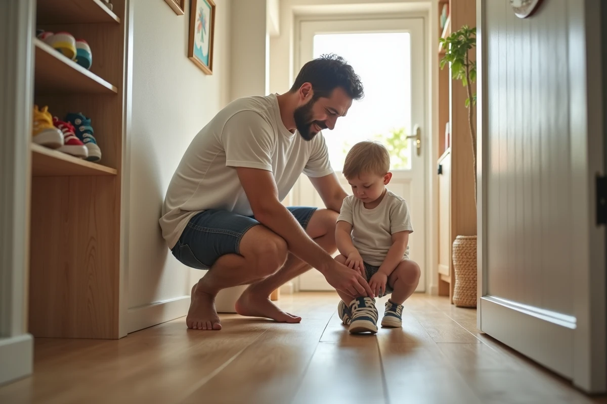 Père aidant son enfant à mettre ses chaussures à la porte