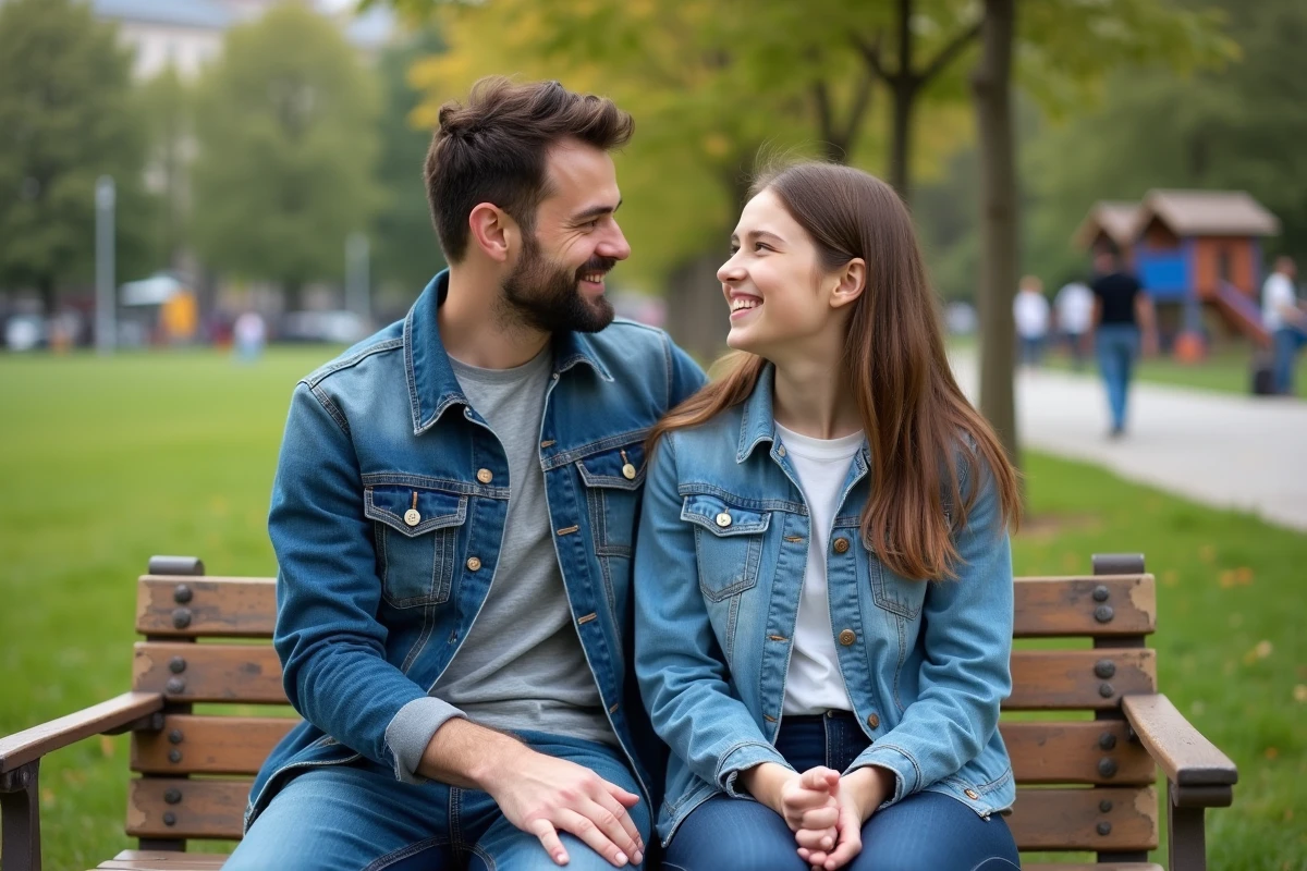 Pere et fille discutant dans un parc urbain en été
