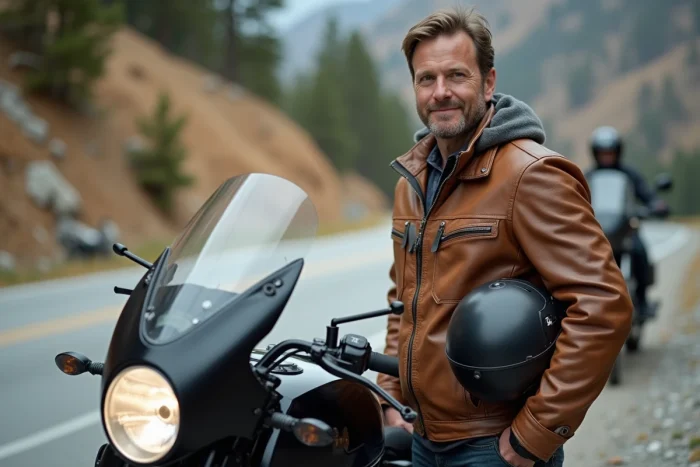 Passionné de moto Frison en veste de cuir posant avec sa moto sportive dans un paysage alpin montagneux