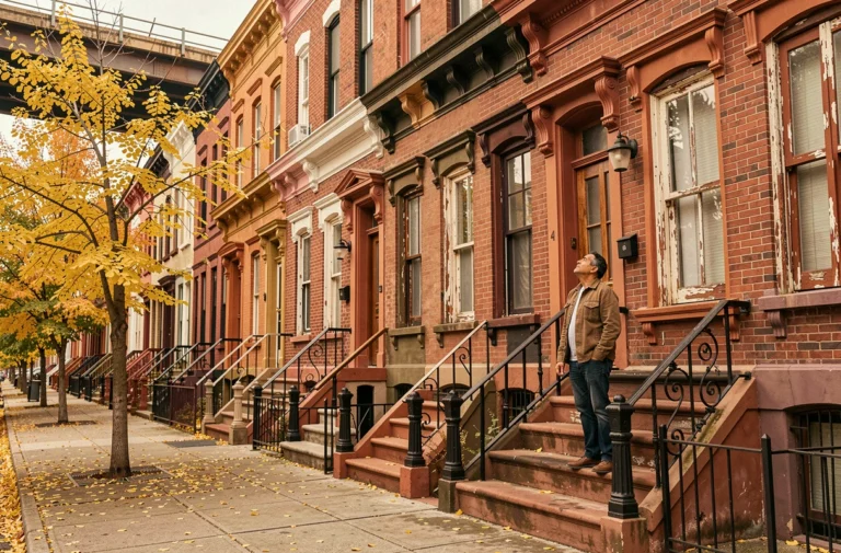 Rangée de maisons en brique du début du XXe siècle dans le Bronx avec des corniches en terre cuite et des perrons en fer forgé, un homme admirant l'architecture historique en automne