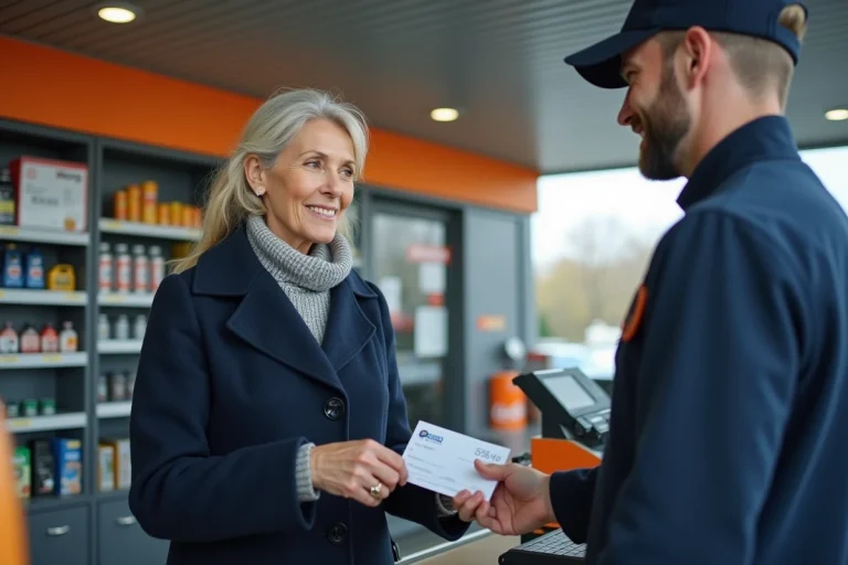 Femme payant son essence par chèque au comptoir d'une station-service en France