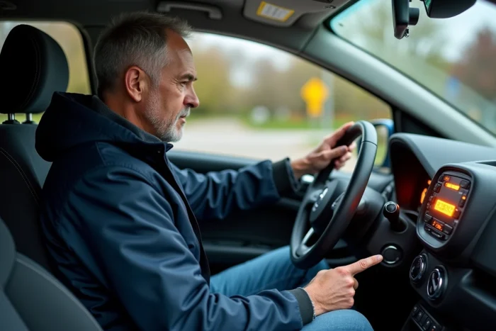 Homme regardant le tableau de bord d'une voiture avec voyant batterie