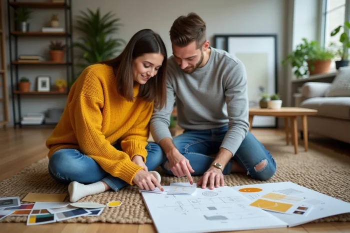 Couple planifiant la redécoration de leur maison avec des échantillons de couleurs et de tissus sur le sol du salon