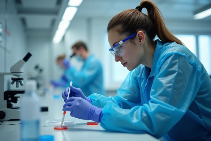 Scientifique en laboratoire médico-légal analysant un kit de prélèvement salivaire pour dépistage de substances