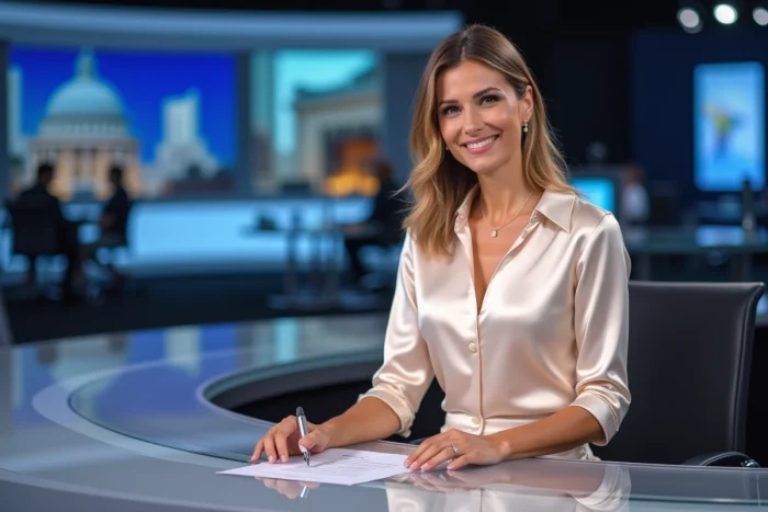 Présentatrice habillée d'un chemisier en soie et d'une jupe crayon derrière le bureau d'un plateau de télévision