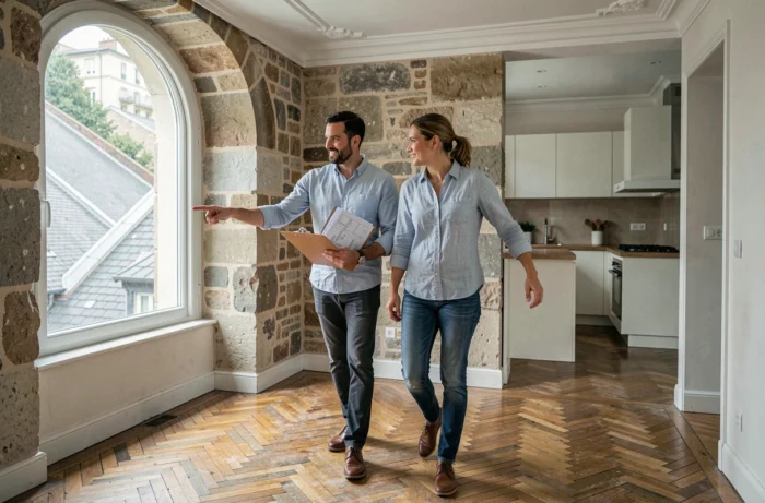 Deux professionnels de l'immobilier évaluant un appartement rénové à Lyon dans le quartier de la Croix-Rousse avec vue sur les Pentes