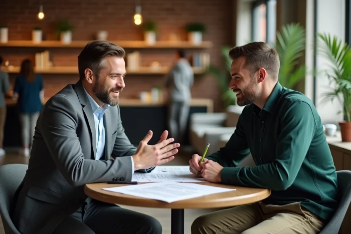 Deux professionnels examinant ensemble un document de stratégie d'entreprise éthique dans un espace de travail collaboratif moderne