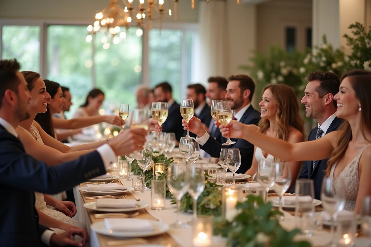 Table de réception de mariage avec invités souriants