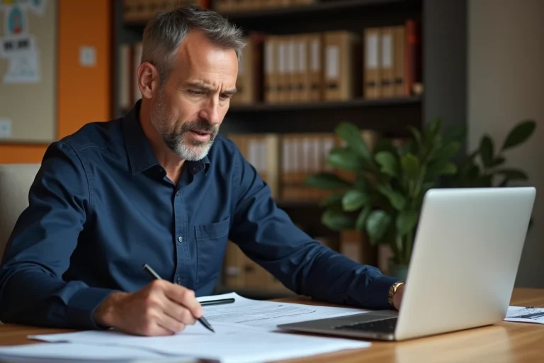 Homme consultant des documents fiscaux et formulaire annexe 2044 EB sur un bureau en bois à domicile