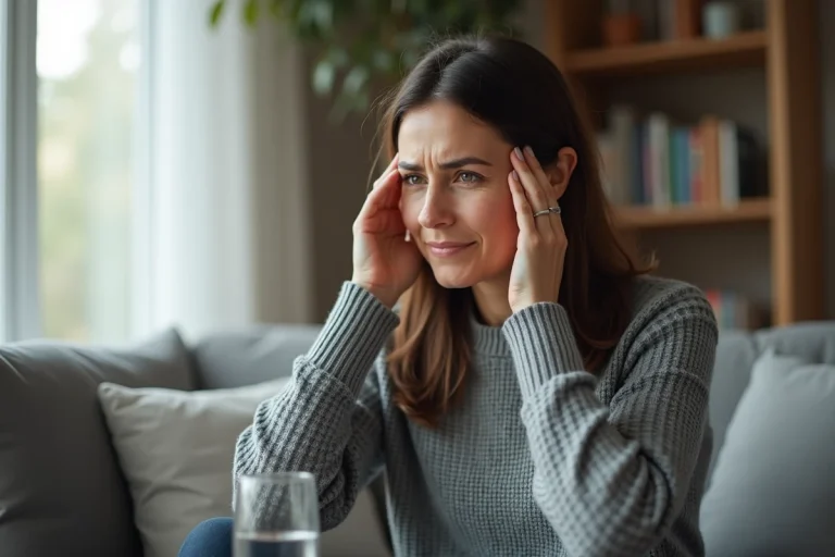 Femme d'une quarantaine d'années assise chez elle avec une expression fatiguée, tenant ses tempes — symptômes courants du variant Covid 2026
