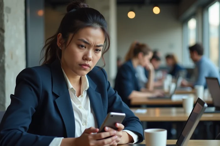 Femme dans un espace de coworking consultant une application bloquée sur smartphone, symbolisant les dysfonctionnements de Tarbob en 2026