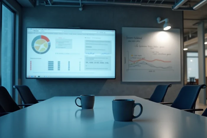 Salle de réunion tech vide avec écran affichant une erreur de tableau de bord, illustrant l'échec technique de Tarbob en 2026