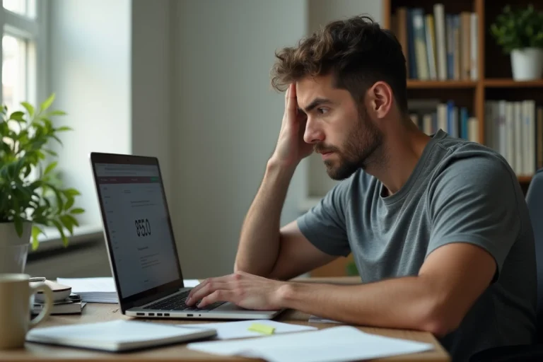 Homme frustré devant un ordinateur portable affichant une erreur, illustrant les problèmes de fonctionnement de Tarbob en 2026