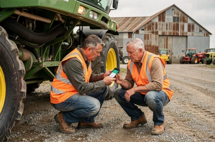 Techniciens agricoles contrôlant les alertes de maintenance d'une moissonneuse-batteuse via une application de gestion de flotte
