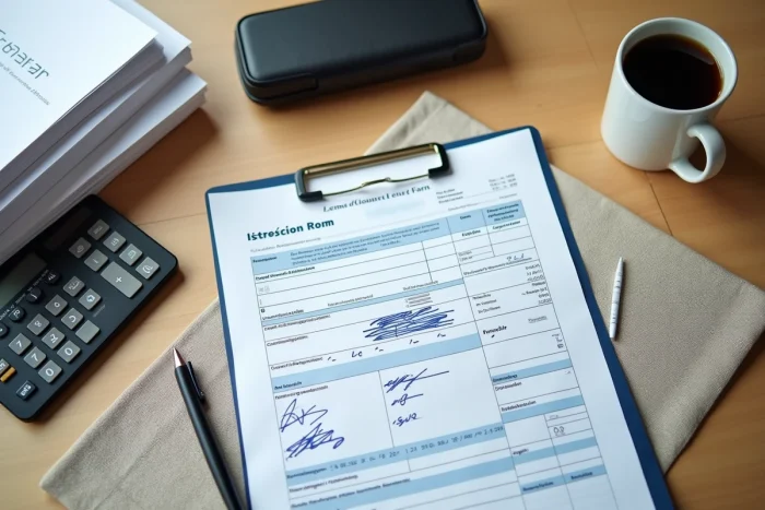 Vue aérienne d'un bureau avec formulaire fiscal annoté, calculatrice et documents administratifs