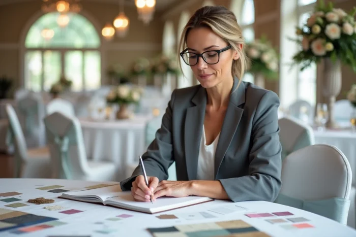 Wedding planner professionnelle planifiant les détails d'un mariage avec des échantillons de tissus et un carnet de notes